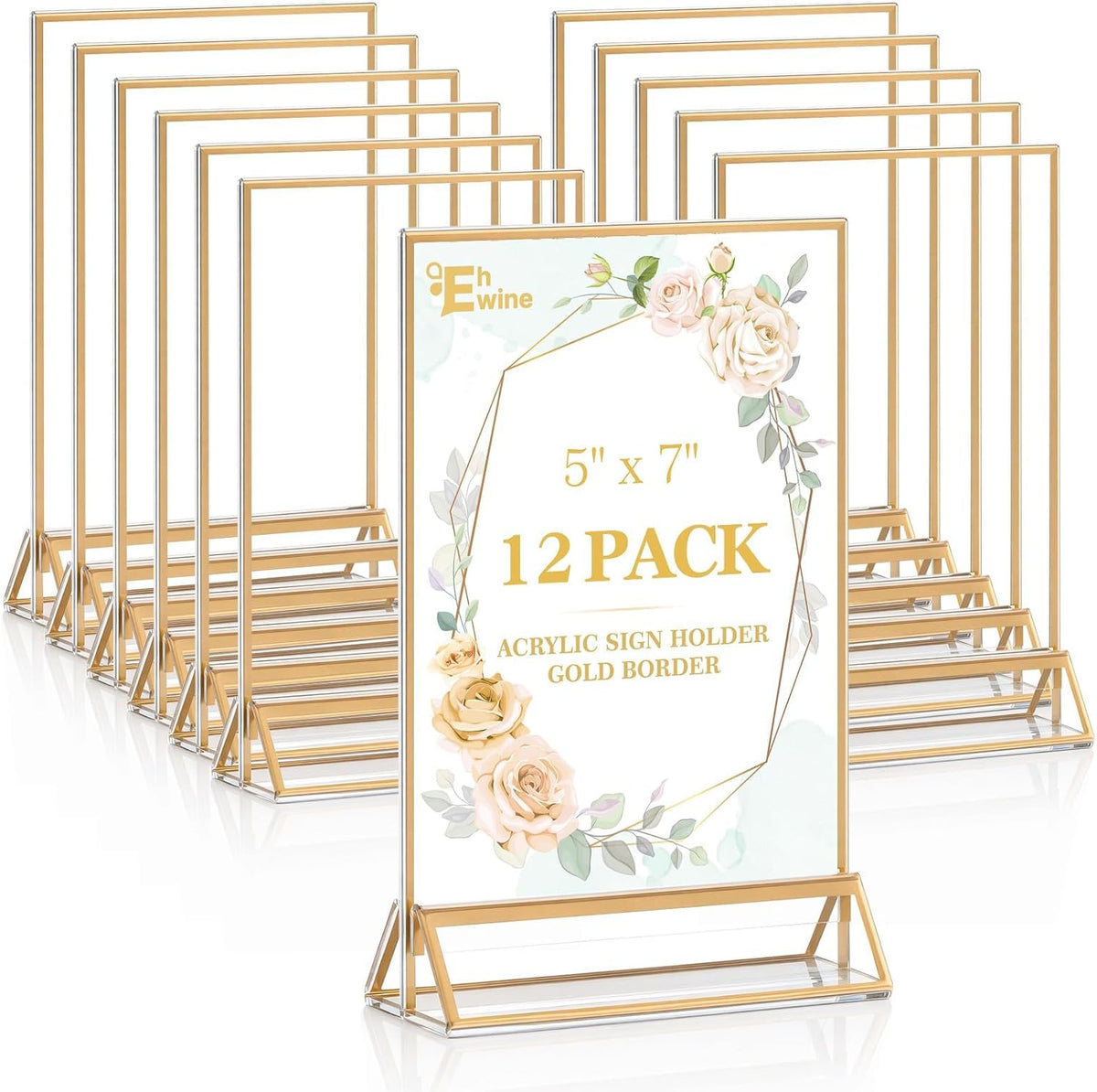 12 Pack 5x7 Gold Acrylic Sign Holders, Double-Sided Tabletop Stand