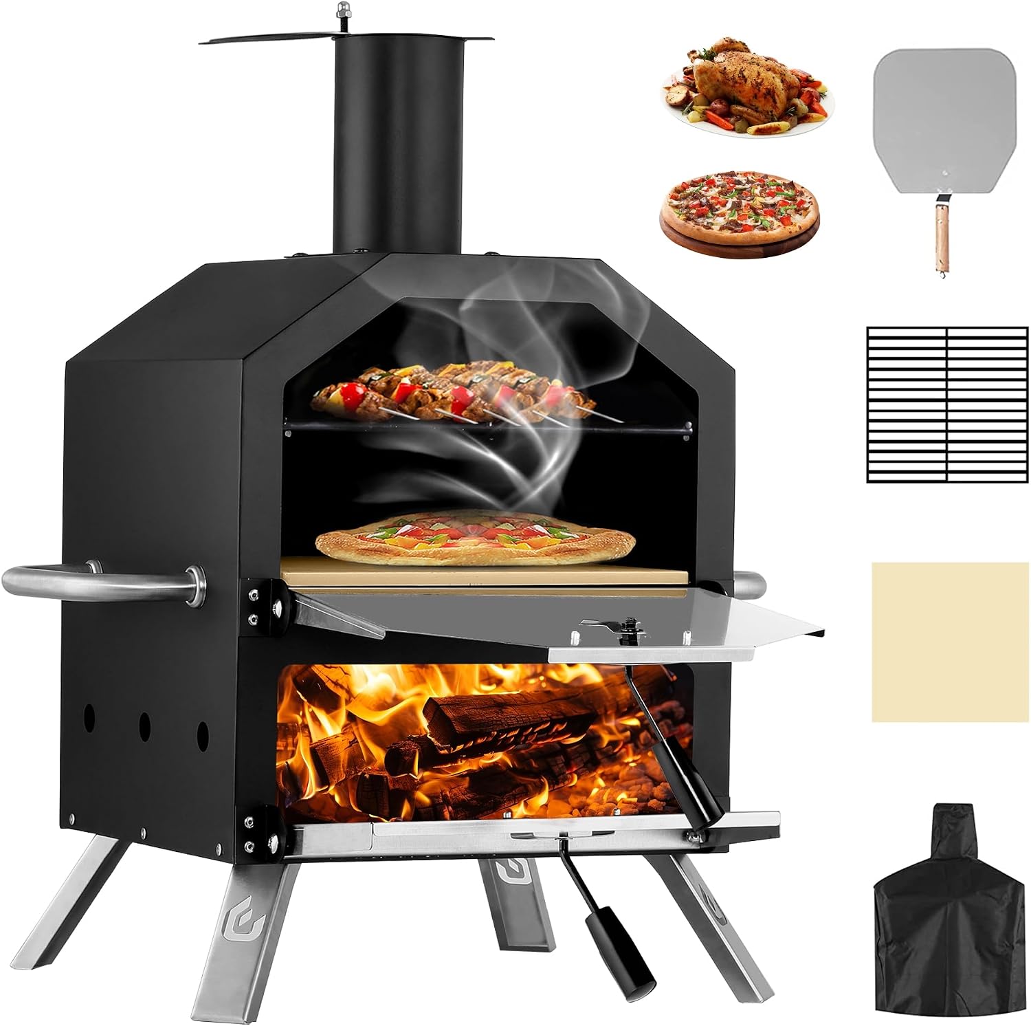 26"H Outdoor Wood Fired Pizza Oven, 2-Layer Pizza Maker