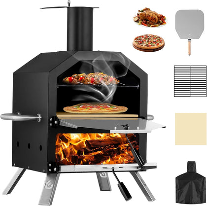 26"H Outdoor Wood Fired Pizza Oven, 2-Layer Pizza Maker