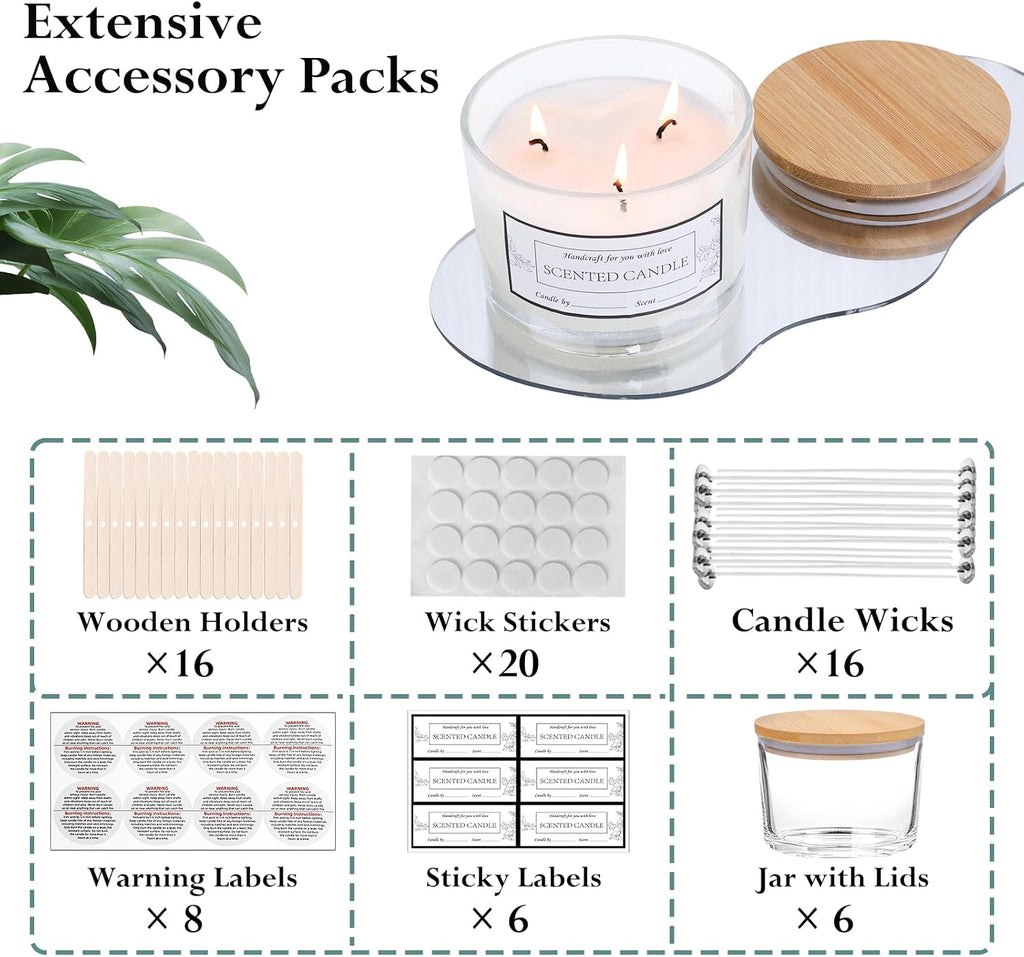 6 Pack 16oz Clear Wide Mouth Glass Candle Jars | Airtight Bamboo Lids, Sticky Warning Labels
