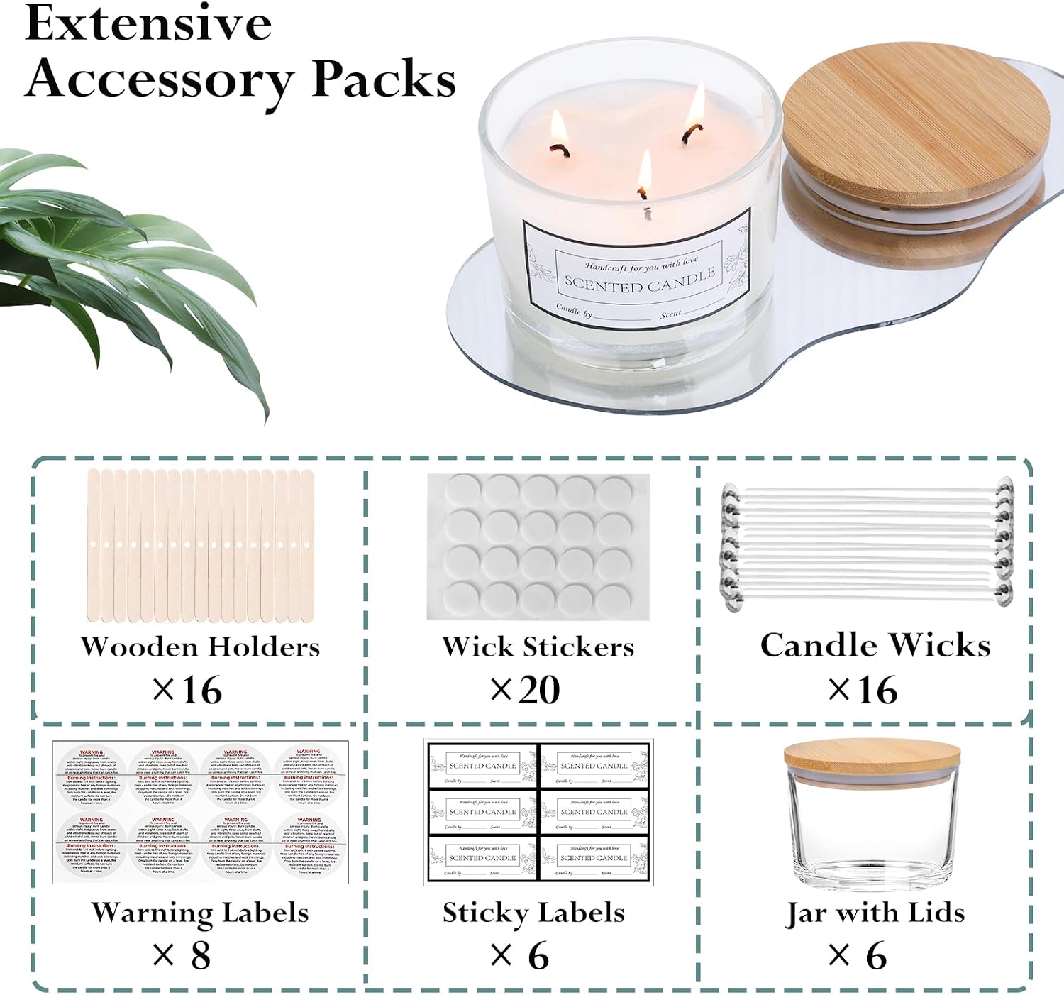 6 Pack 16oz Clear Wide Mouth Glass Candle Jars | Airtight Bamboo Lids, Sticky Warning Labels