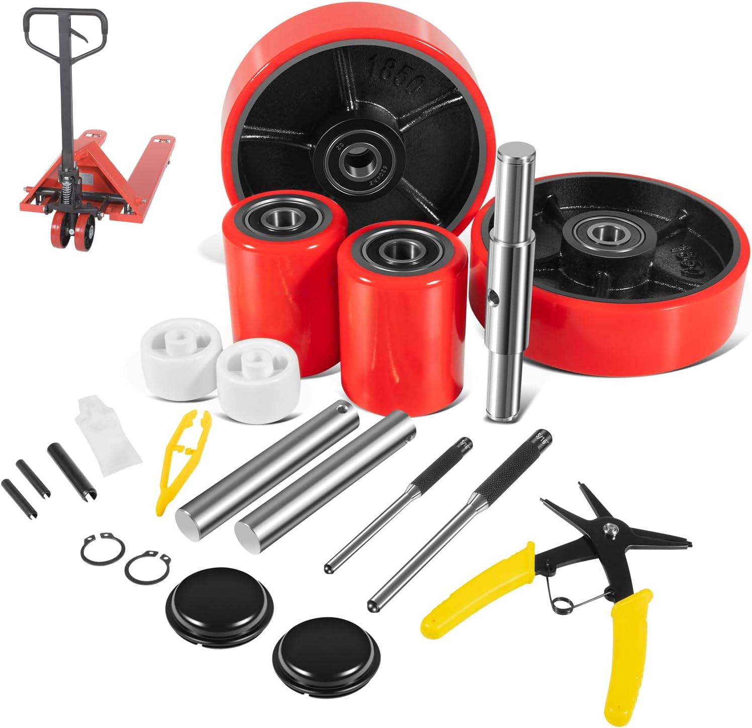 Pallet Jack/Truck Full Wheel Replacement Kit, Pair Steering Wheels (7"x 2"), Pair Front Load Roller(3" x 3.75"), with