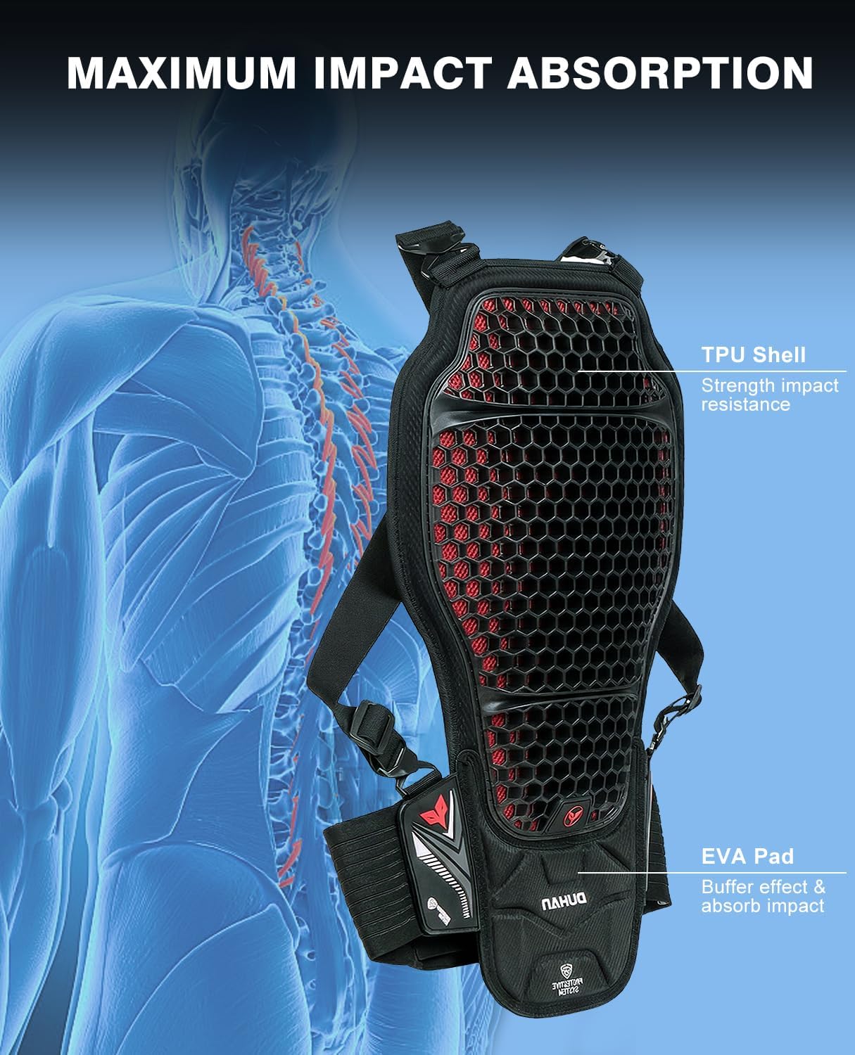 CE Level 2 Certified Motorcycle Back Protector, Lightweight Spine Armor Pad with Adjustable Straps Protective Gear