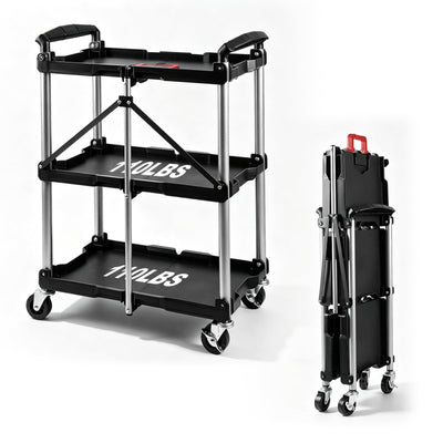 Folding Collapsible Service Cart, 3-Tier Utility Foldable Tool Cart