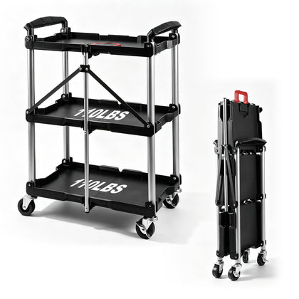 Folding Collapsible Service Cart, 3-Tier Utility Foldable Tool Cart