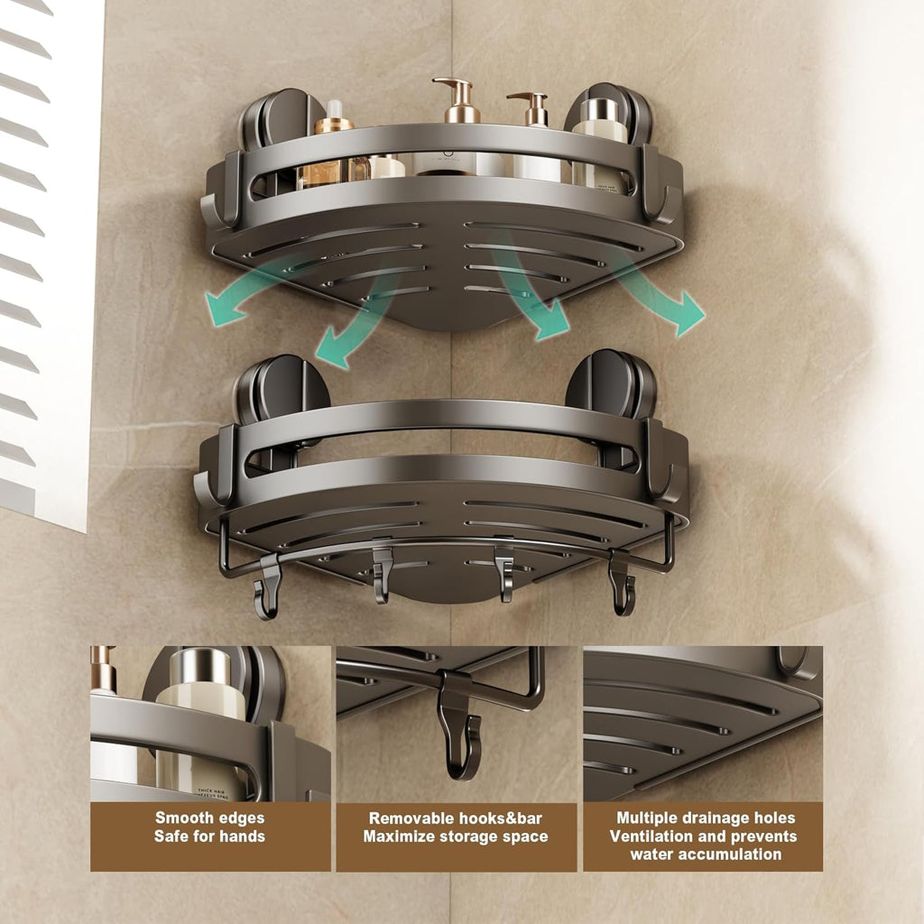 Corner Shower Caddy Suction Cup, 2 Pack Shower Shelves No Drilling, Showers Organizer Storage with Towel Bar &