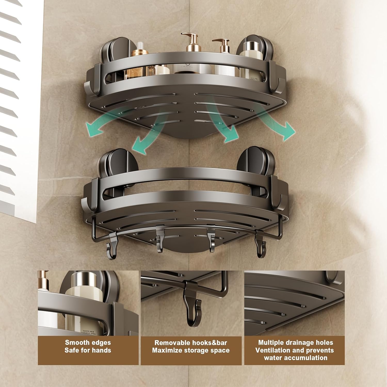 Corner Shower Caddy Suction Cup, 2 Pack Shower Shelves No Drilling, Showers Organizer Storage with Towel Bar &