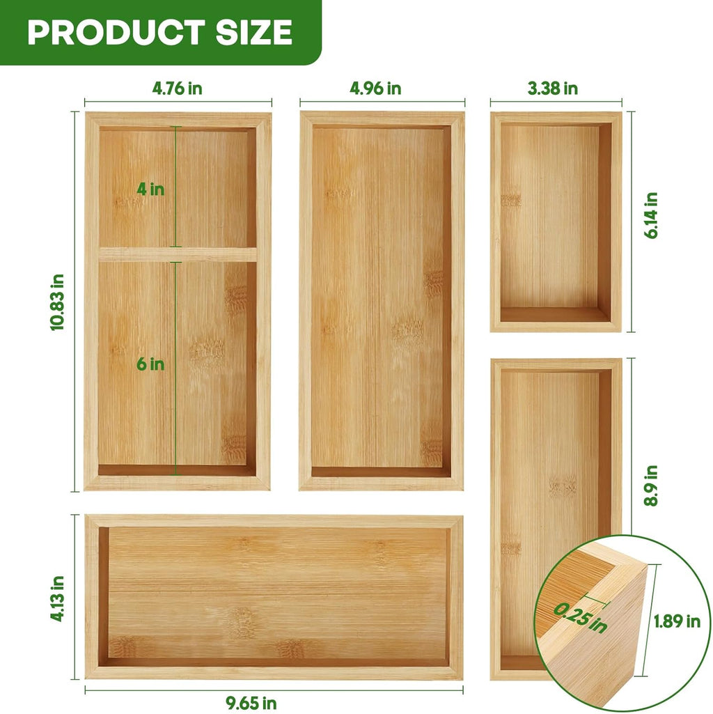 Bamboo Drawer Organizer Set, 5 PCS Multi-Use Individual Wood Storage Organizers, Junk Drawer Divider and Storage