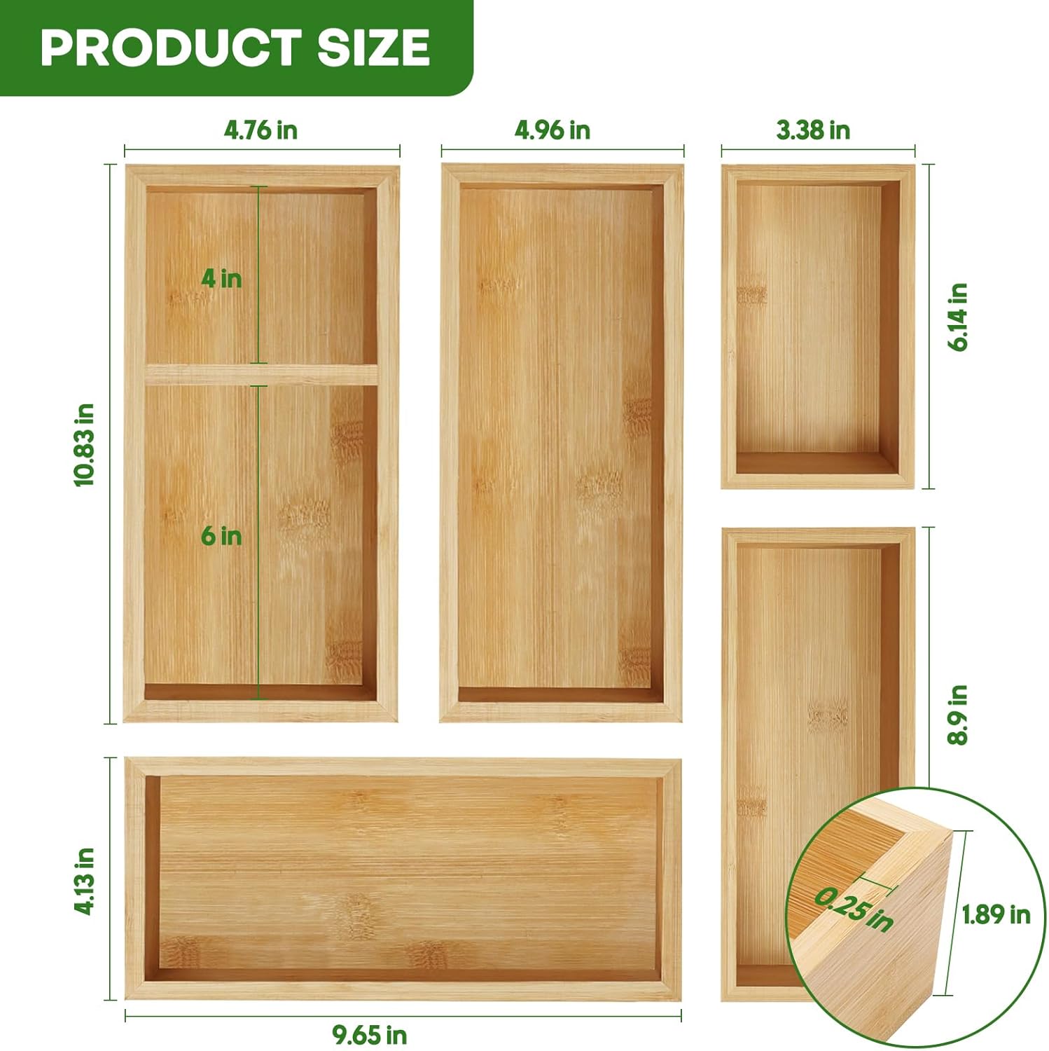 Bamboo Drawer Organizer Set, 5 PCS Multi-Use Individual Wood Storage Organizers, Junk Drawer Divider and Storage
