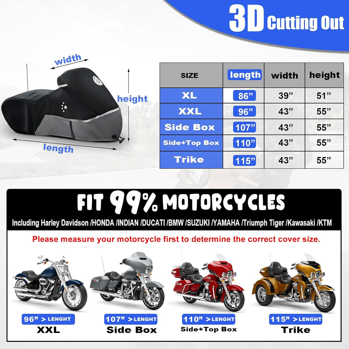 Motorcycle Cover 420D Heavy Duty Storage for Touring Models Harley Davidson Road King,Road Glide,Street Glide,Electra