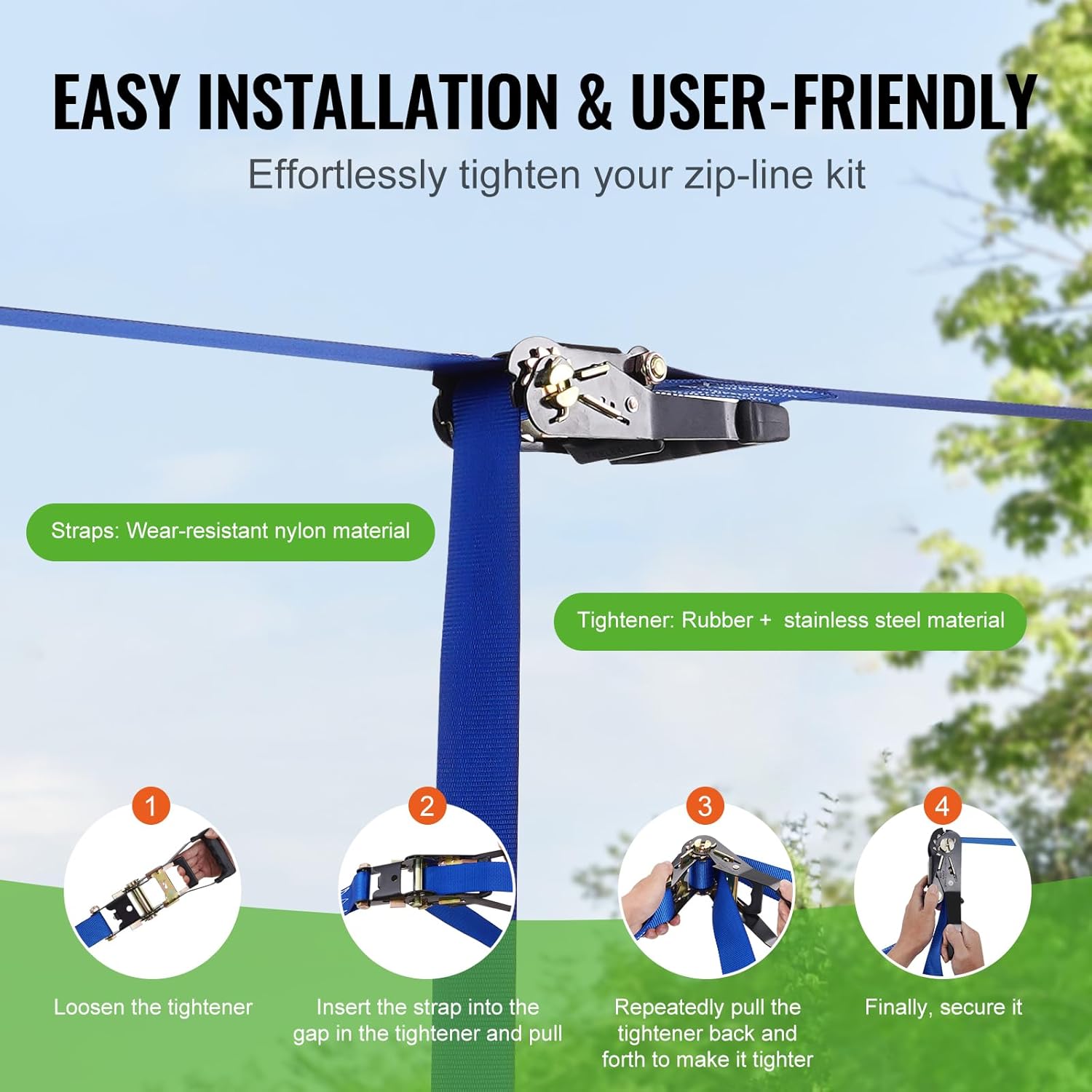 Zipline Kit for Kids and Adult, 52 ft Zip Line Kits Up to 330 lb, Backyard Outdoor Quick Setup Zipline, Playground