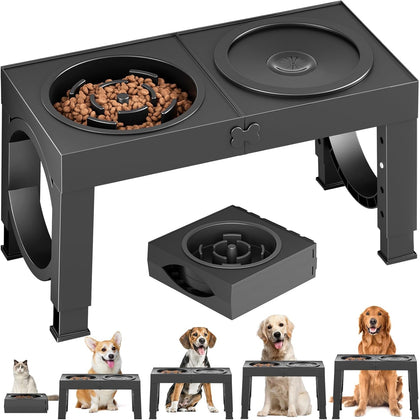 Slow Feeder Dog Bowl Stand - Elevated Dog Food and Water Bowl Set for Large Medium Sized, 5 Heights Adjustable