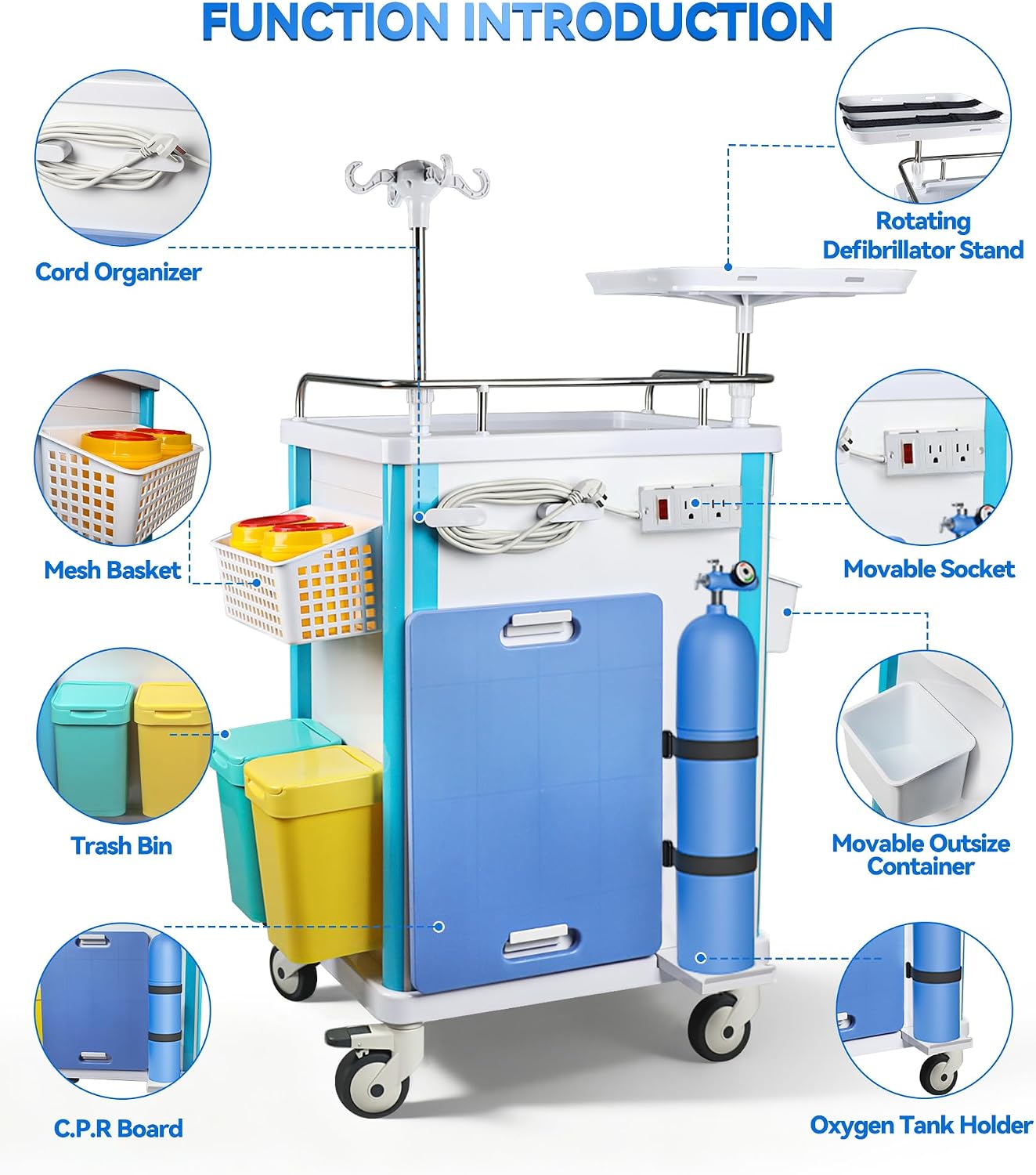 Medical Rolling Storage Crash Cart with Wheels & Drawers, Mobile Trolley Carts, Ultrasound Nursing Emergency Cart