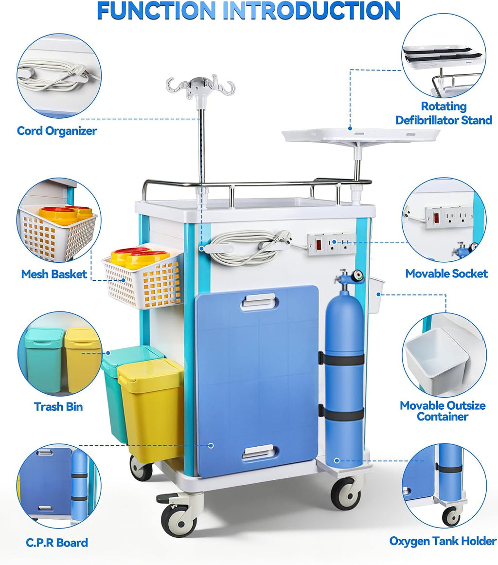 5-Tier Medical Storage Crash Cart with 4 Silent Wheels & 2 Trash Cans, Mobile Medical Utility Cart with Adjustable IV