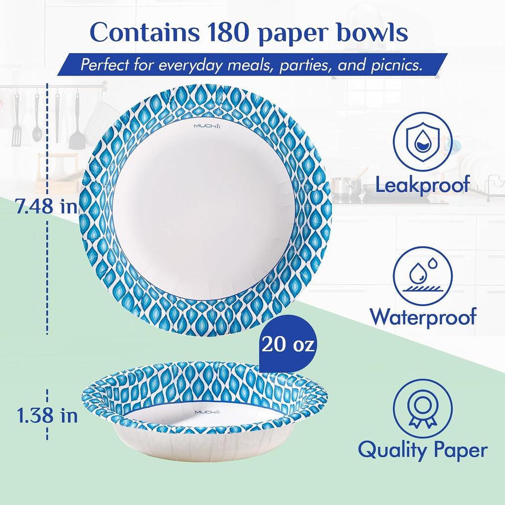 20 oz Paper Bowls, 180 Count Printed Disposable Large Bowls Bulk