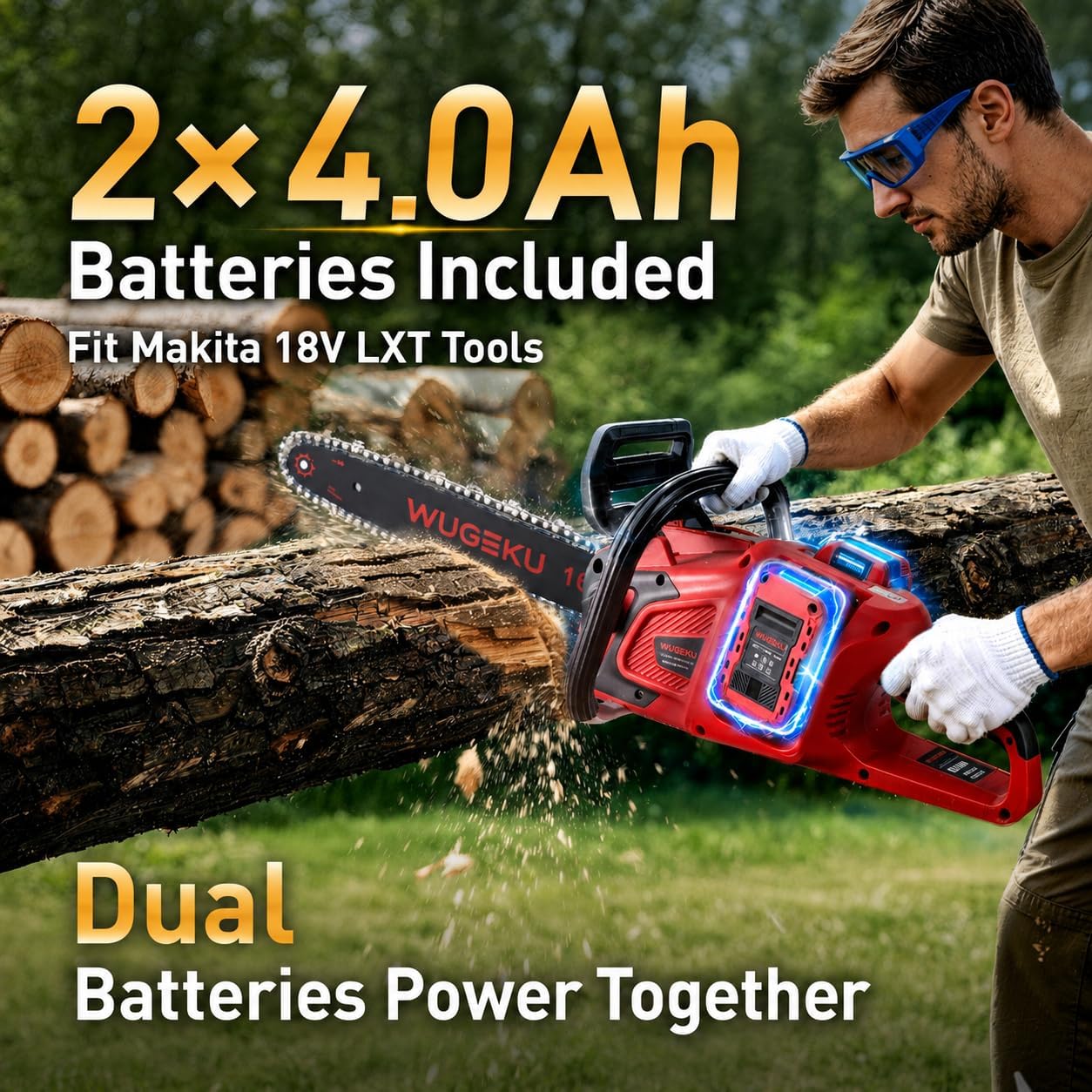 16-Inch 40V Brushless Chainsaw, Fits Makita 18V LXT Batteries | 2×4.0Ah Batteries & Charger, 69 ft/s Cutting, Auto