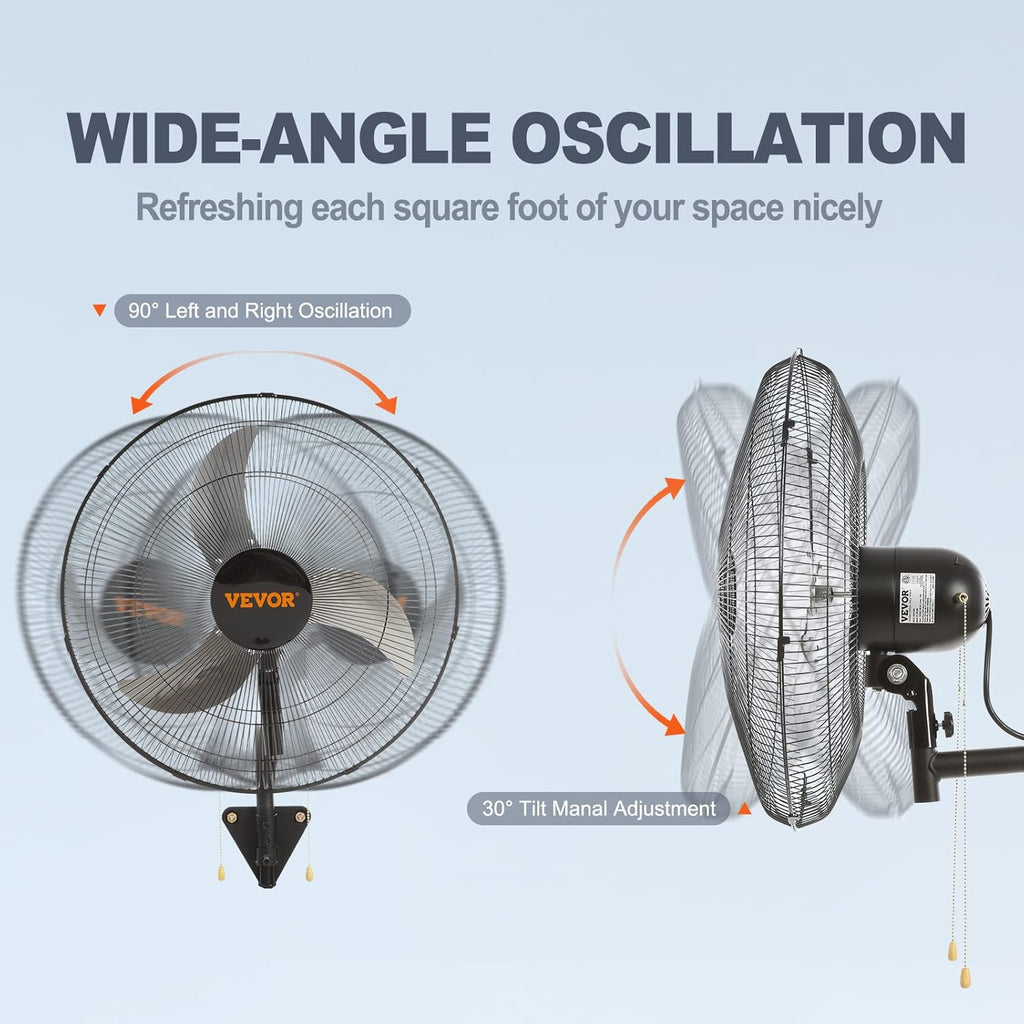 VEVOR Wall Mount Fan, 18 inch, 3-Speed, 4000 CFM Oscillating Fan, Black