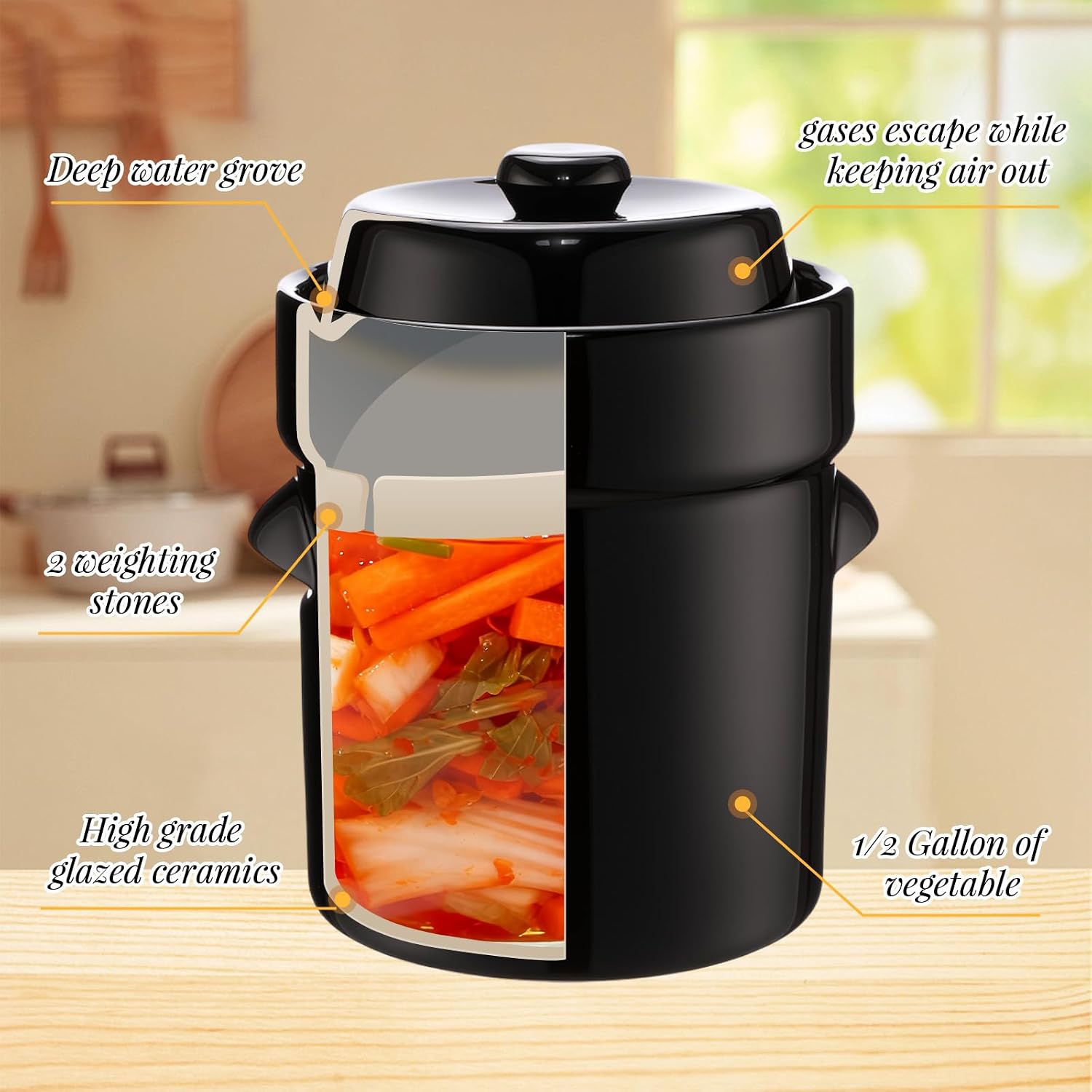 2 Set 1/2 Gallon Fermentation Crock Sauerkraut Crock with Lid Weights & Pounder Ceramic Fermenting Jar Brown