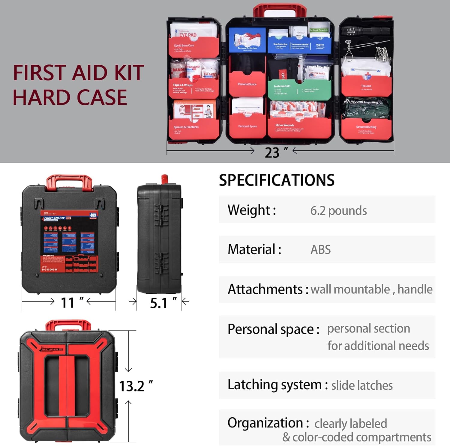 Hard Case First Aid Kit 408 Pcs - Wall Mountable Trauma Kit for Car, Home, Office & Truck - Comprehensive Large First