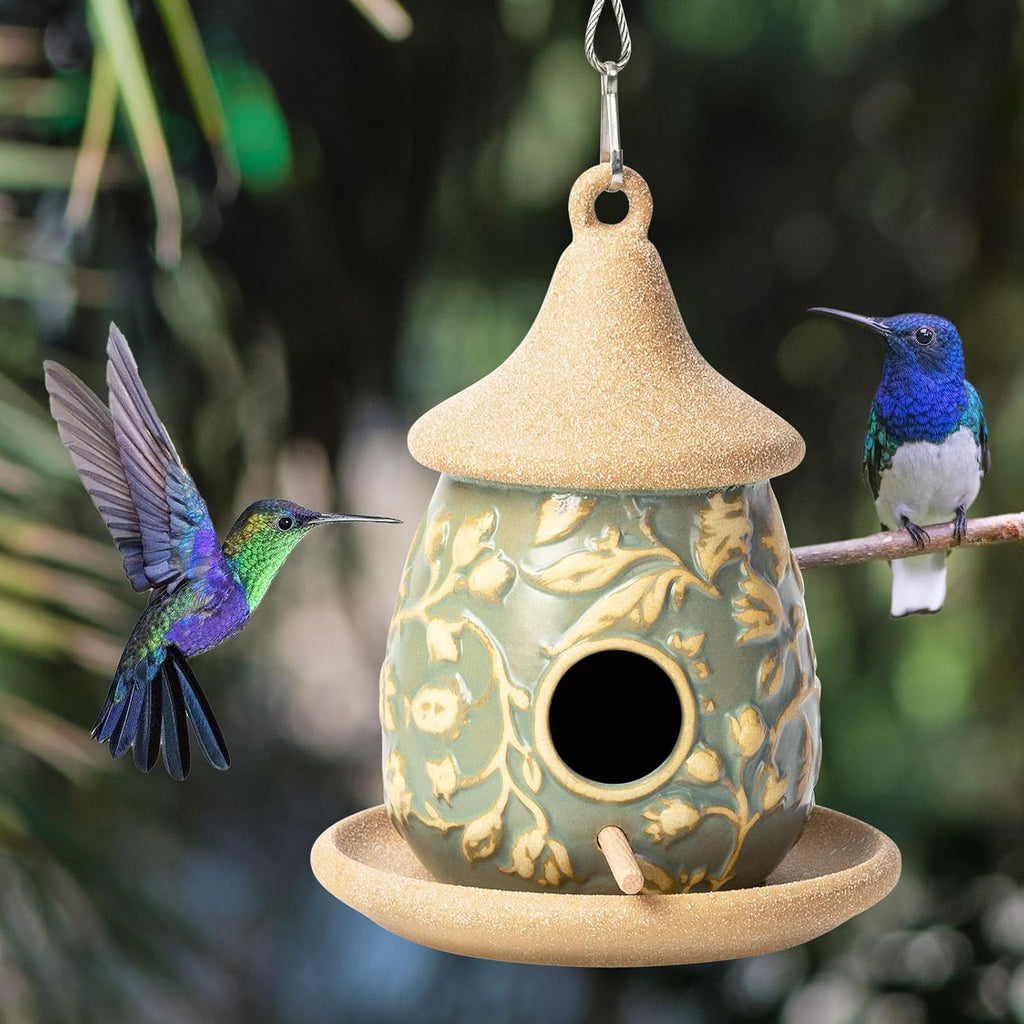 Hanging Bird Houses Ceramic Bird House Feeder with Wooden Pole for Outside Hummingbirds Cardinal Bluebird Nest
