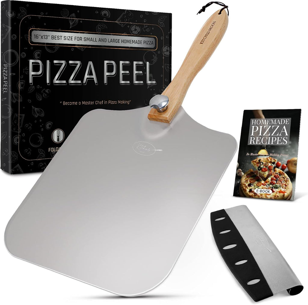 Large Pizza Peel 16 inch - Extra Large Metal Pizza Peel with 14 inch Stainless Steel Pizza Cutter Rocker, Pizza