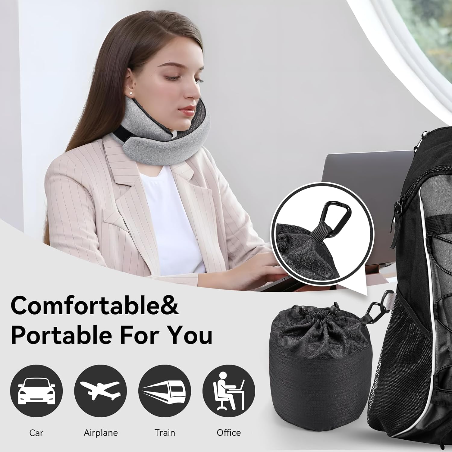 Travel Pillow, Memory Foam Neck Pillow with Ergonomic 360° Support, Travel Neck Pillow for Airplanes, Compact Design