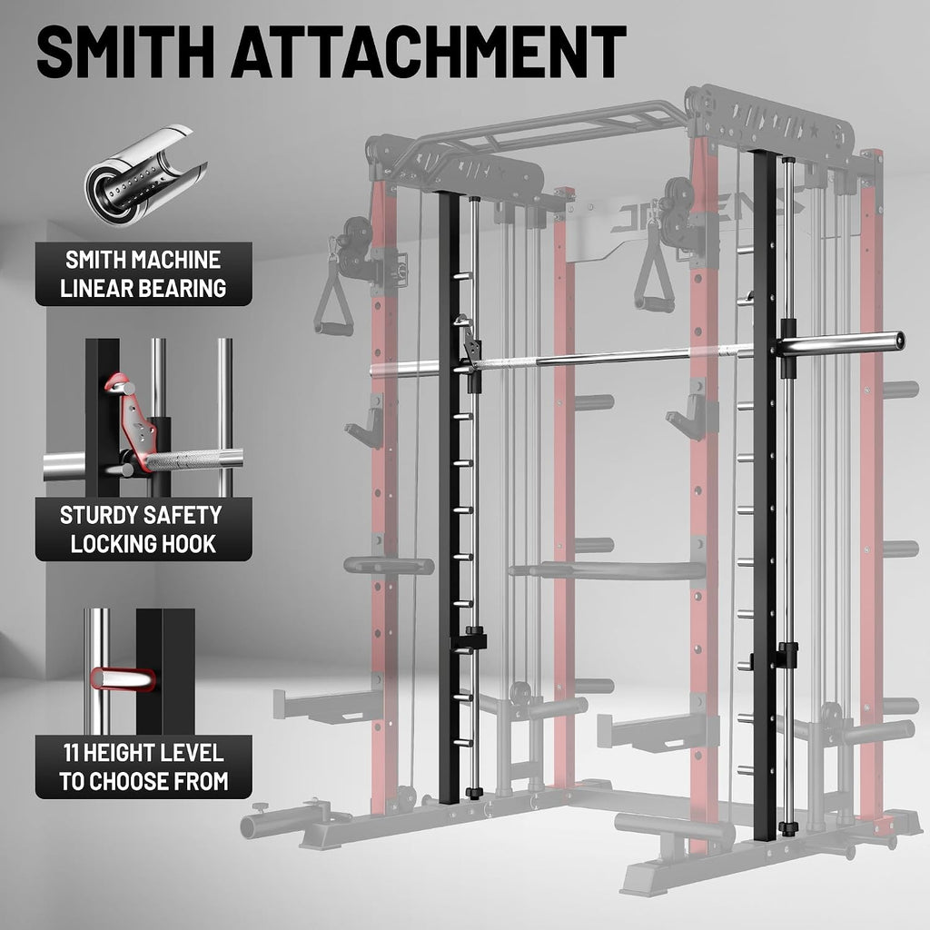 Smith Machine for Home Gym, Multi-Function M12 Power Cage with Cable Crossover System, Squat Rack with Smith Bar and