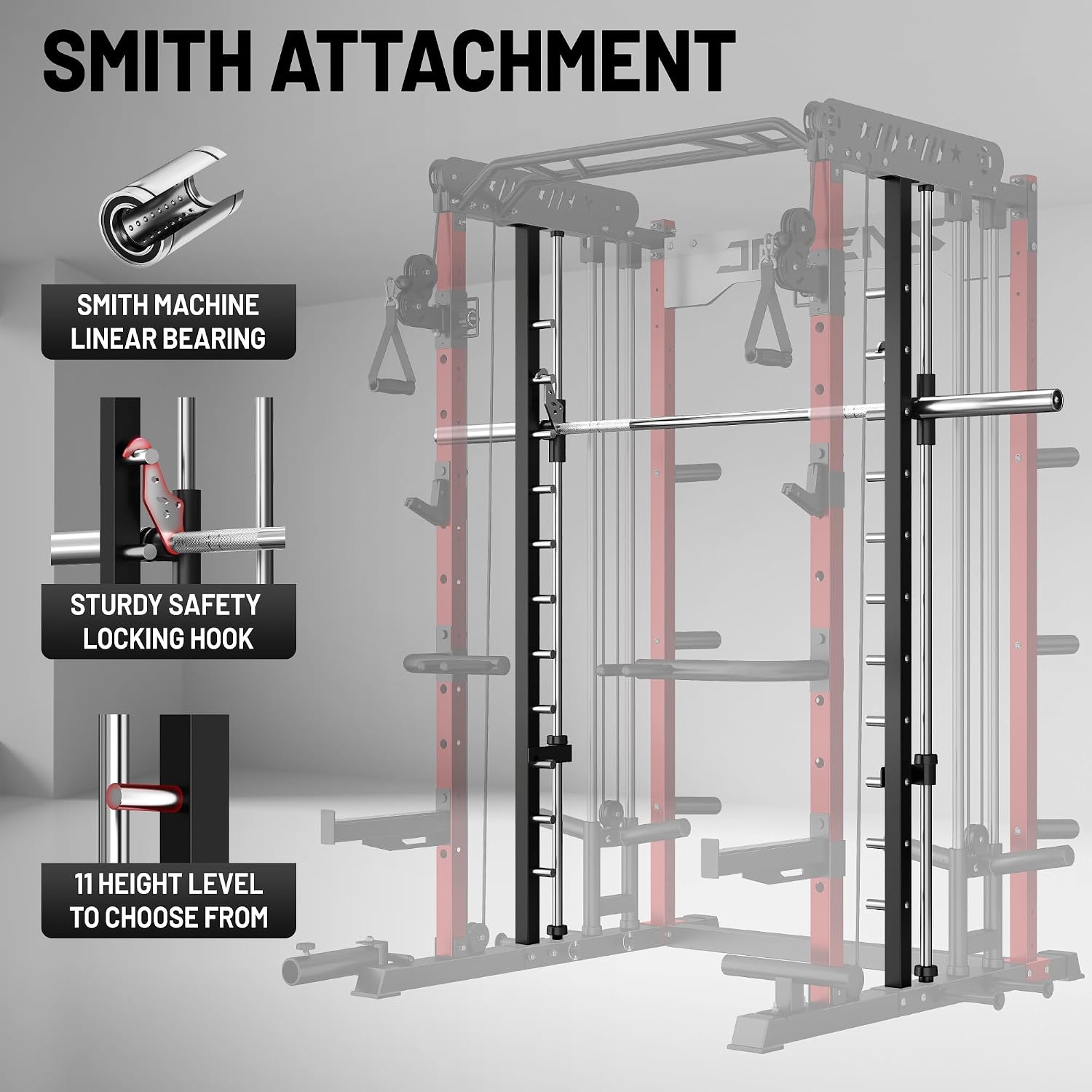 Smith Machine for Home Gym, Multi-Function M12 Power Cage with Cable Crossover System, Squat Rack with Smith Bar and