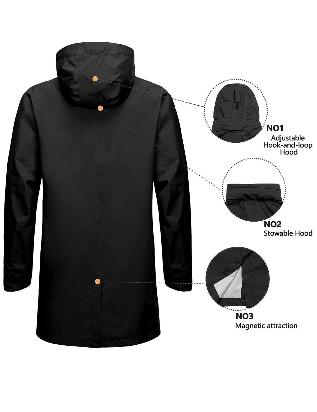 Men's Waterproof Long Rain Jacket Black XXL