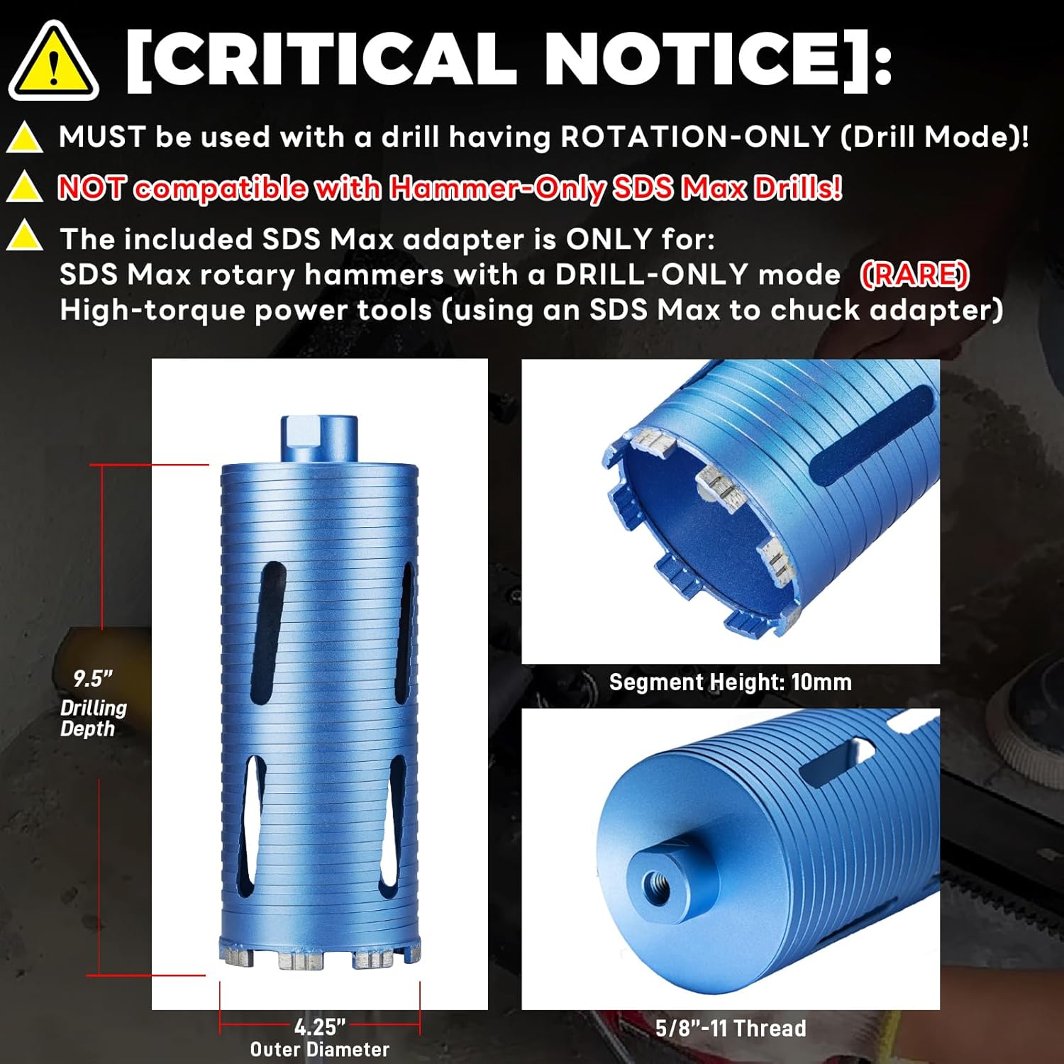 4 1/4" Dry Core Drill Bit, 5/8"-11 Thread, with 3 Adapters Included: SDS Plus, SDS Max and 1/2" Hex Shank, 9.5"