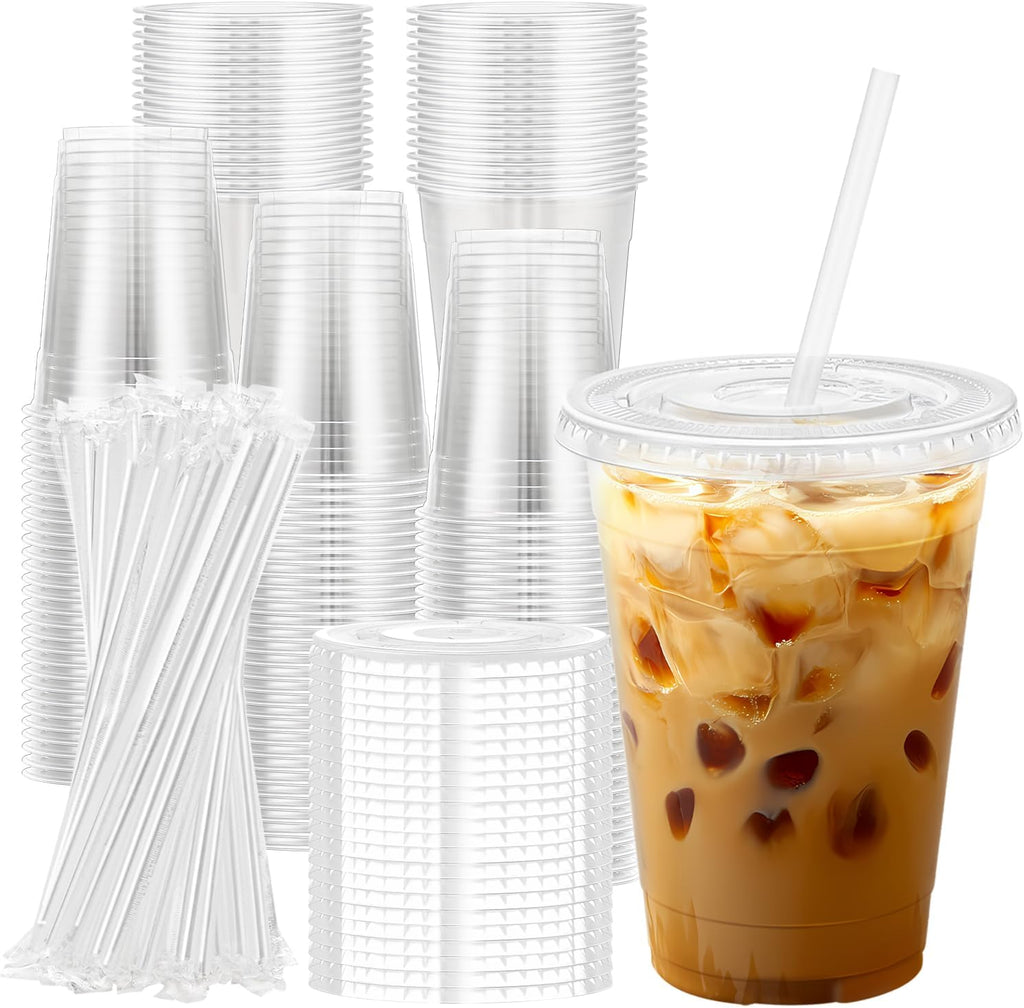 100 Pack 16 oz Clear Plastic Cups with Lids and Straws