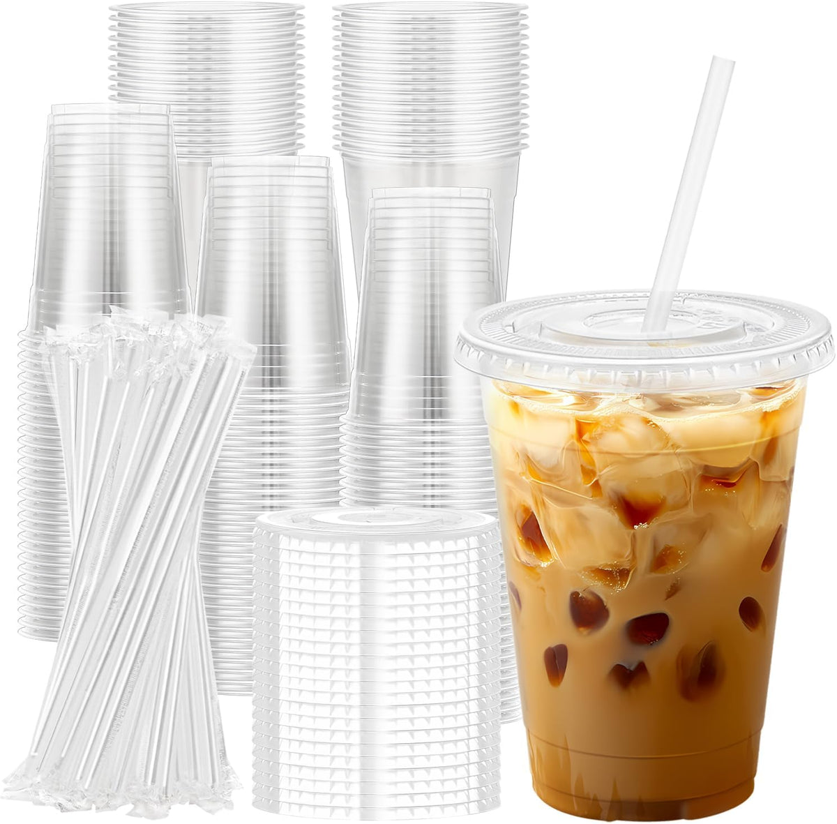 100 Pack 16 oz Clear Plastic Cups with Lids and Straws