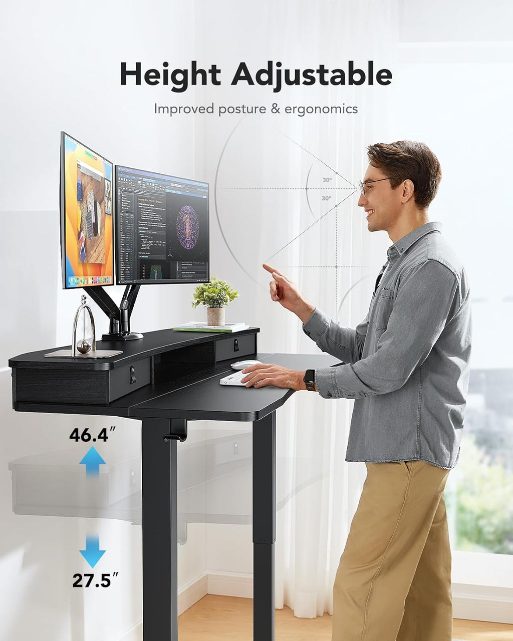 48″ x 24″ Electric Standing Desk with 2 Drawers, C-Clamp Mount Compatible, Height Adjustable Computer Desk, Home