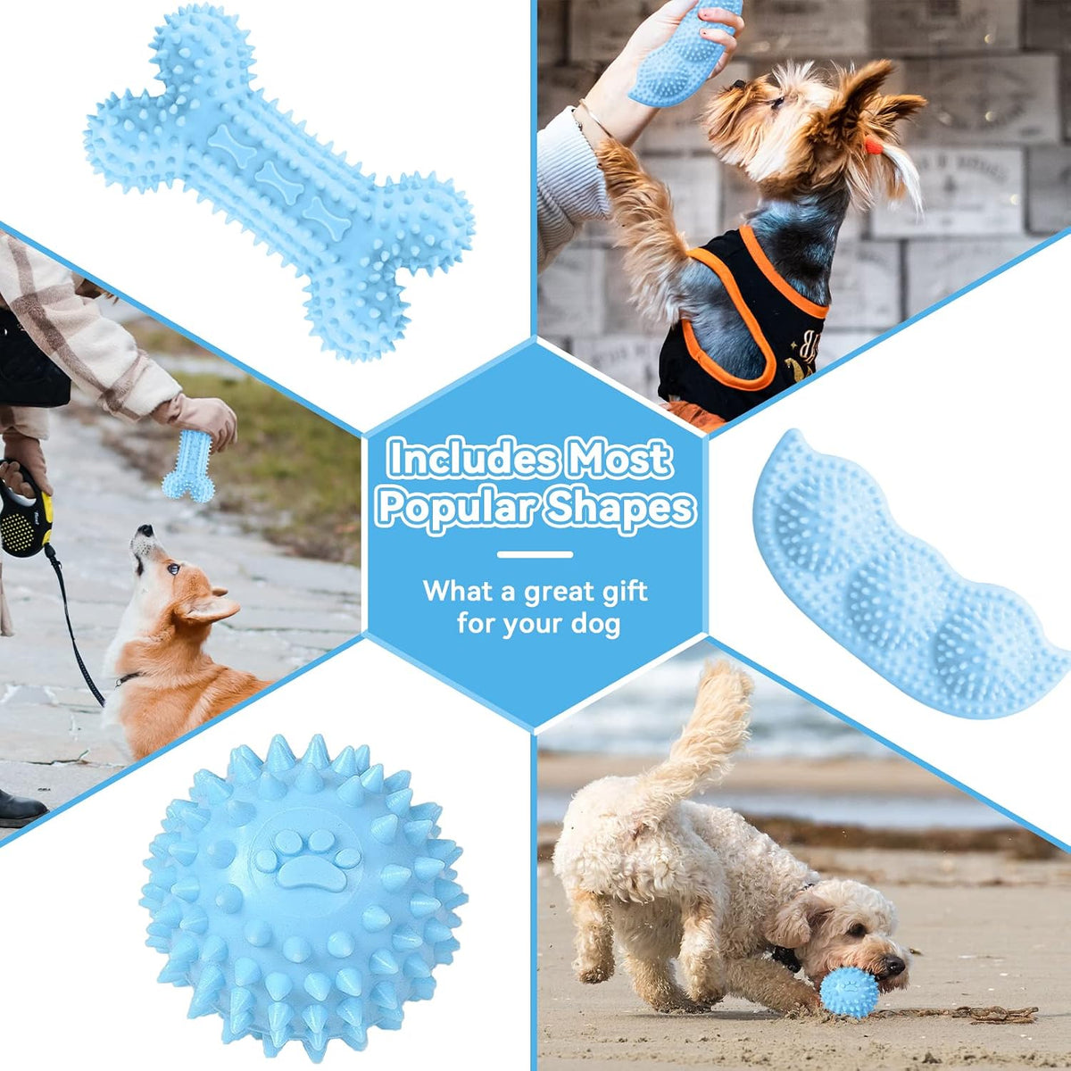 6 Pack Puppy Chew Toys - Blue, Soft Rubber Rope & Bone Ball Teething Toys for Small Dogs & Puppies, Including Yorkie