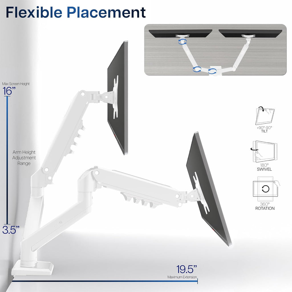 Aluminum Articulating Dual Monitor Arm for 13 to 30 inch Screens, Desk Mount Tension Spring Monitor Stand for 2