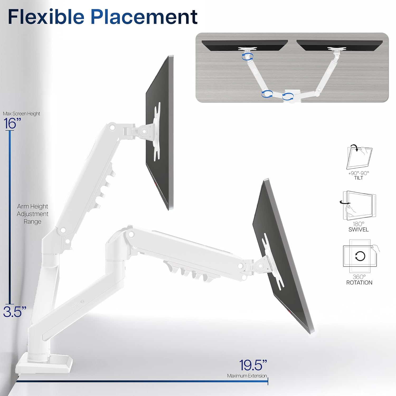 Aluminum Articulating Dual Monitor Arm for 13 to 30 inch Screens, Desk Mount Tension Spring Monitor Stand for 2