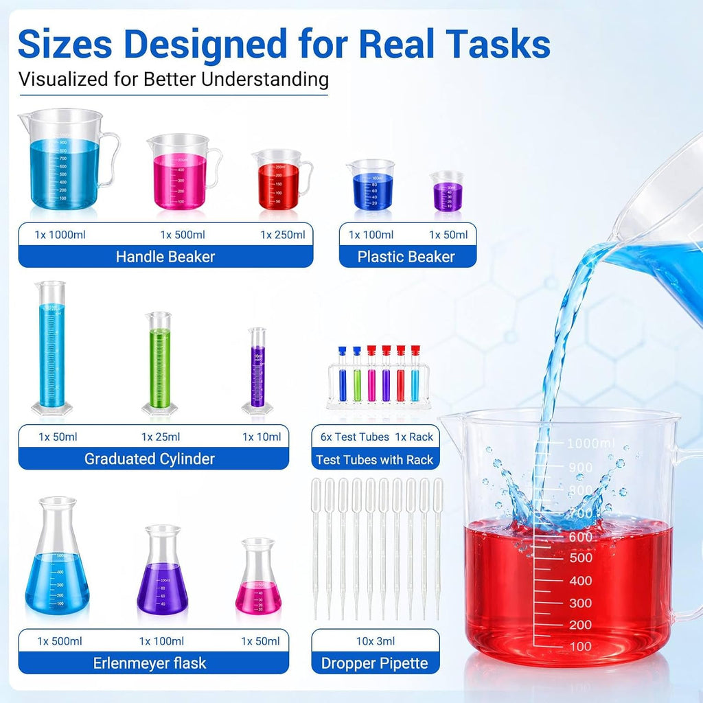 28PCS Plastic Test Tubes and Beaker Set for Classroom and Lab Use | Thick Break-Resistant Plastic, Safe for Repeated