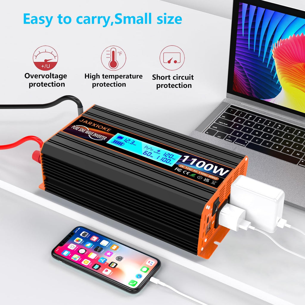 1100 Watt Pure Sine Wave Power Inverter 12V DC to 110V 120V Converter for Family RV Off Grid Solar System Car with