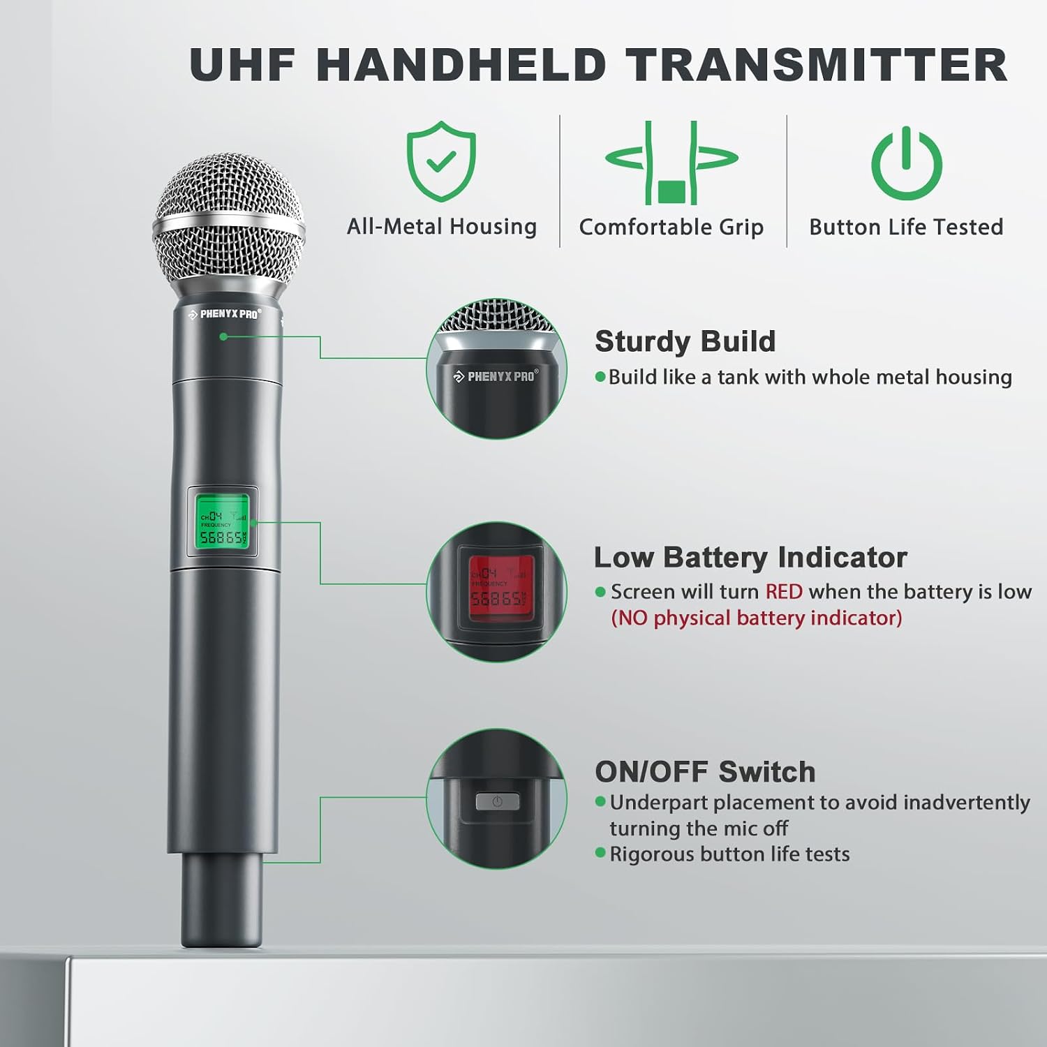 4-Ch UHF Fixed Frequency Wireless Microphone System PTU-5000-4H | 4 Dynamic Handheld Mics, Metal Build, 260 ft Range