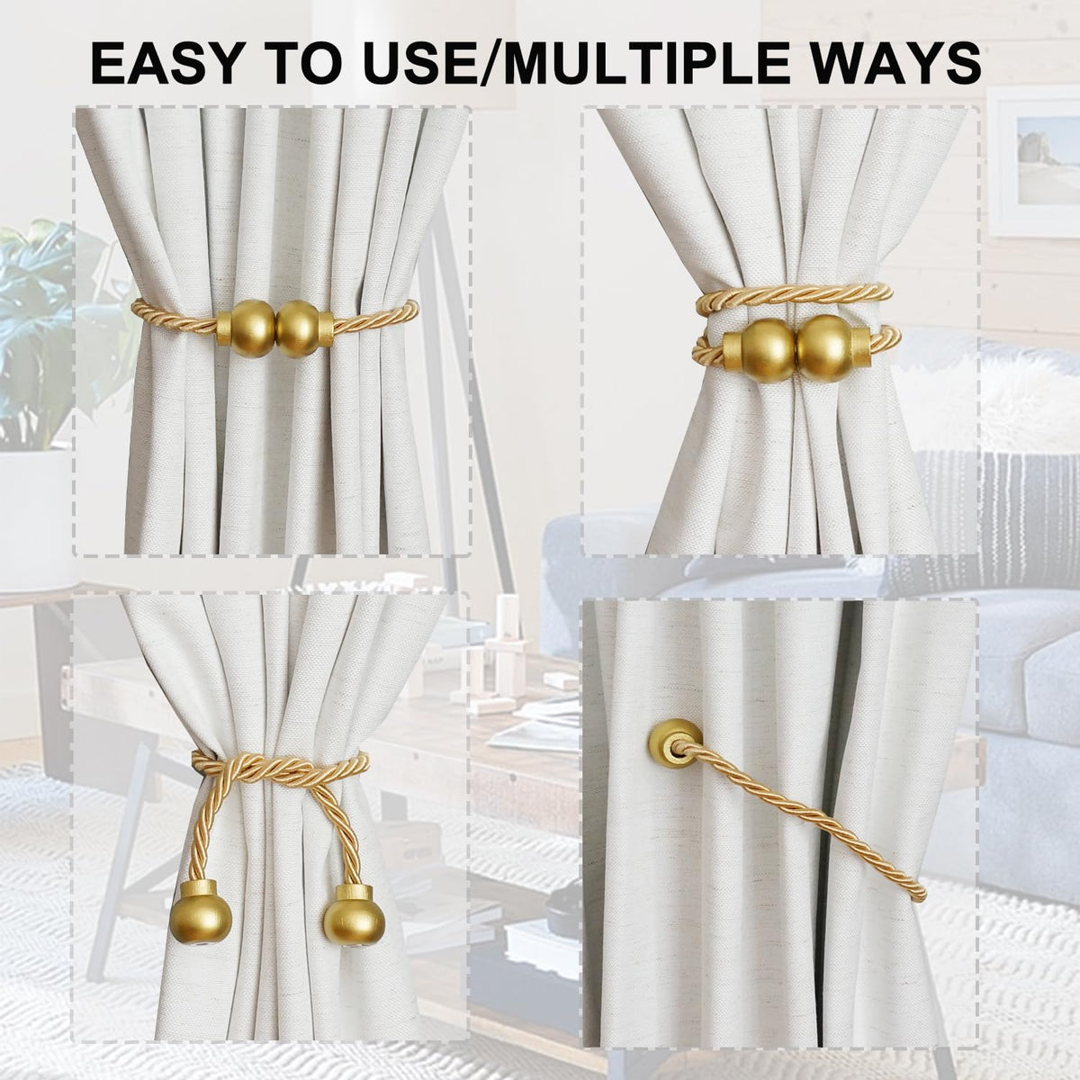 2 Pack Magnetic Curtain Tiebacks Modern Handmade Rope Curtain Tie Backs Decorative Drapes Weave Holdbacks for Home