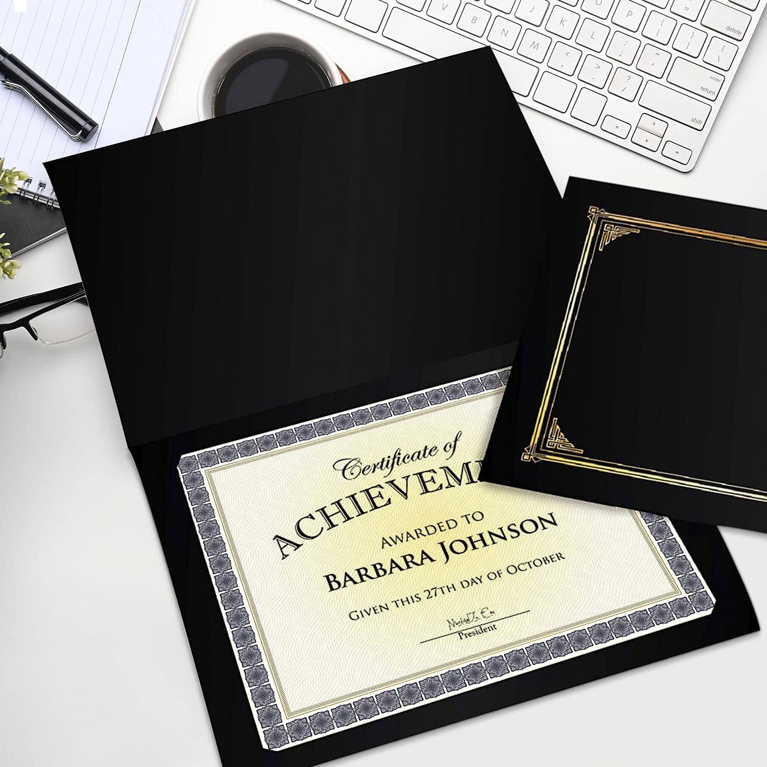 Blank Award Certificate Paper, 8.5 x 11", Premium Gold Foil & Kensington Blue Border Design (Pack of 15) | blank