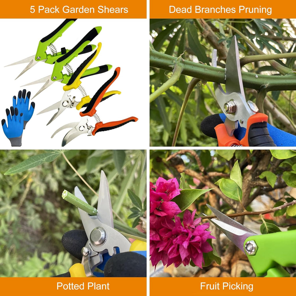 Pruning Shears, 5 Pack Garden Shears with Gardening gloves, Clippers Handheld, Stainless Steel Garden Snips, Lengnoyp