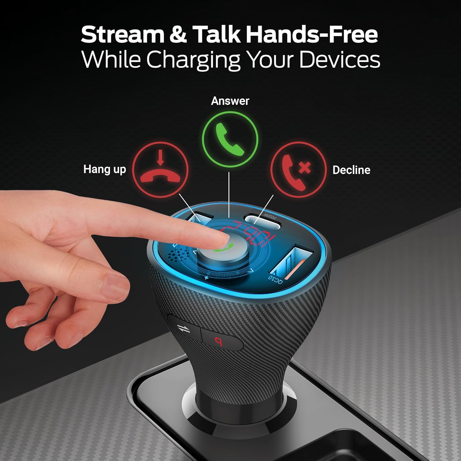 Monster Bluetooth FM Transmitter for Car Cigarette Lighter with 20W QC3.0 USB A & USB C PD Charger, Bass Boost