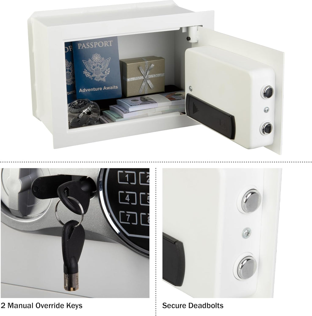 Wall Safe - Digital Safety Box with Passcode for Quick Access and Backup Key - Personal Safe for Cash or Jewelry