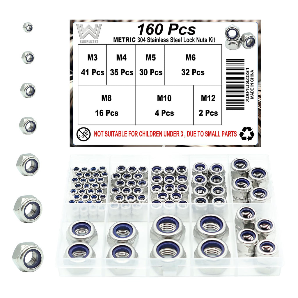 160 Pcs Metric Lock Nuts Kit, M3 M4 M5 M6 M8 M10 M12 Hardware Nuts