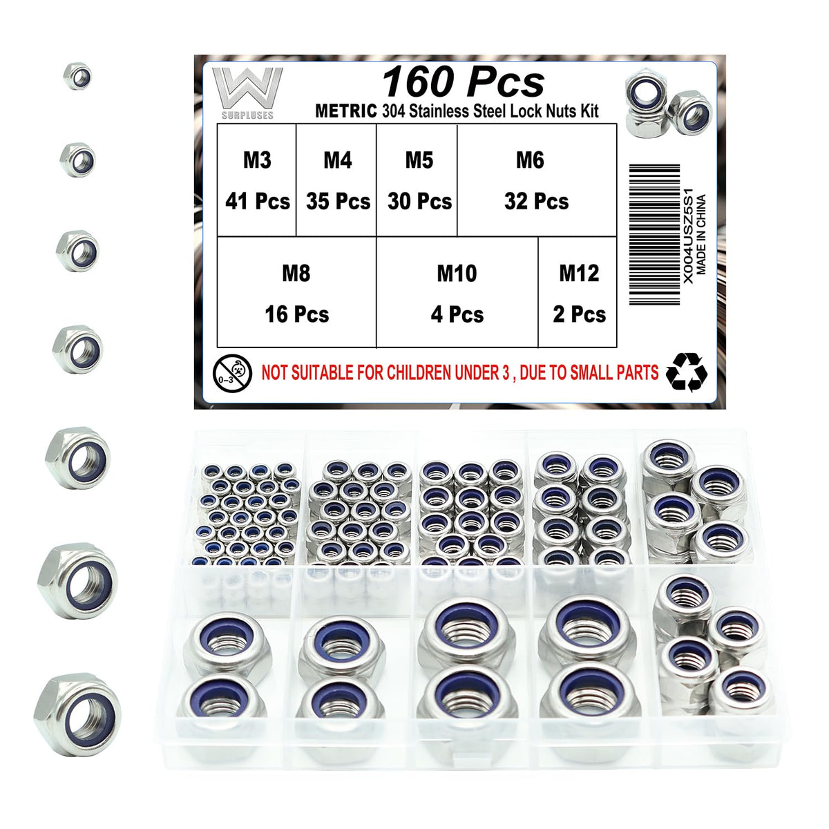 160 Pcs Metric Lock Nuts Kit, M3 M4 M5 M6 M8 M10 M12 Hardware Nuts