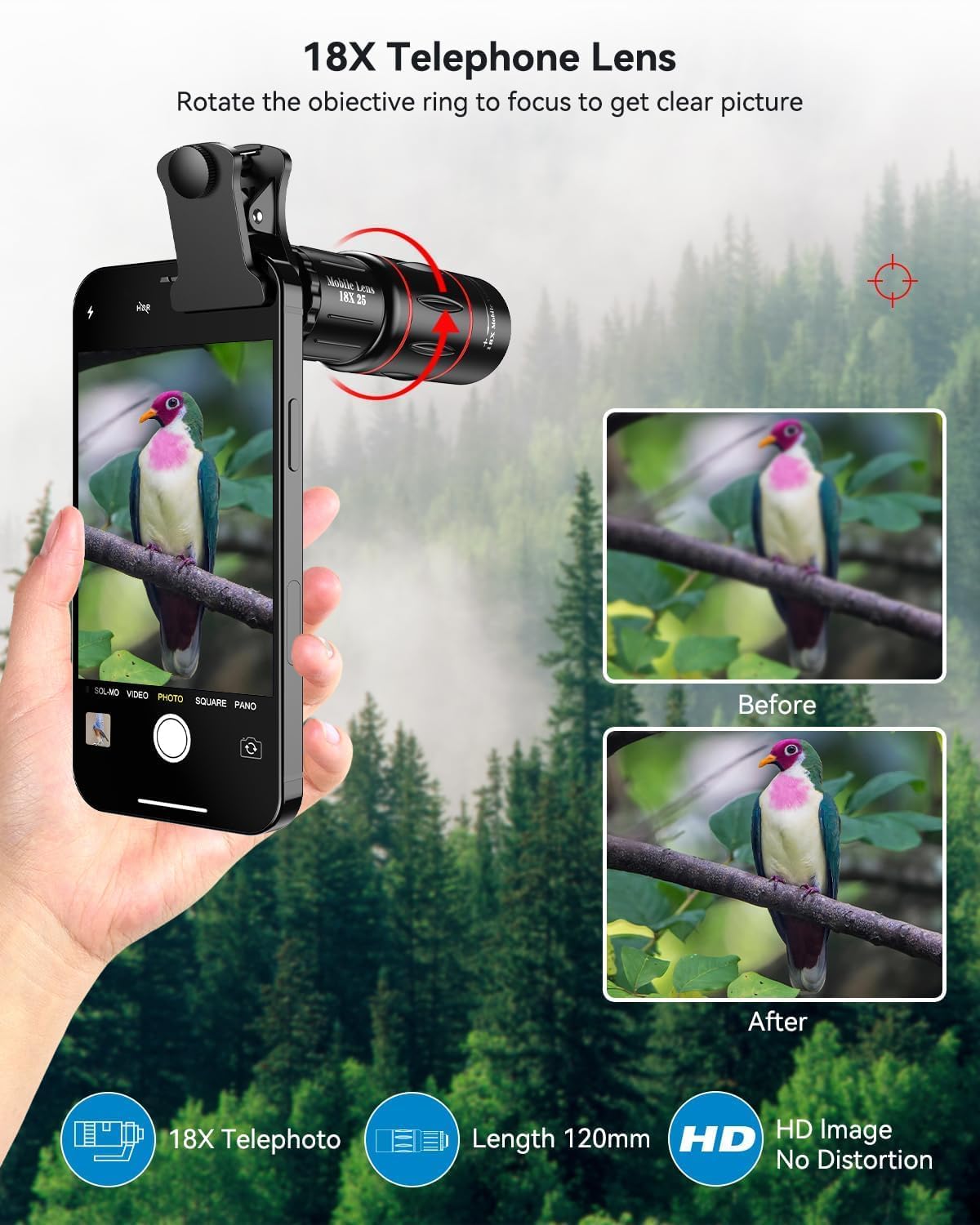 4 in 1 Phone Photography Kit, 18X Telephoto Lens, 198° Fisheye Lens, 15X Macro Lens, 0.63X Wide Angle Lens, Set with