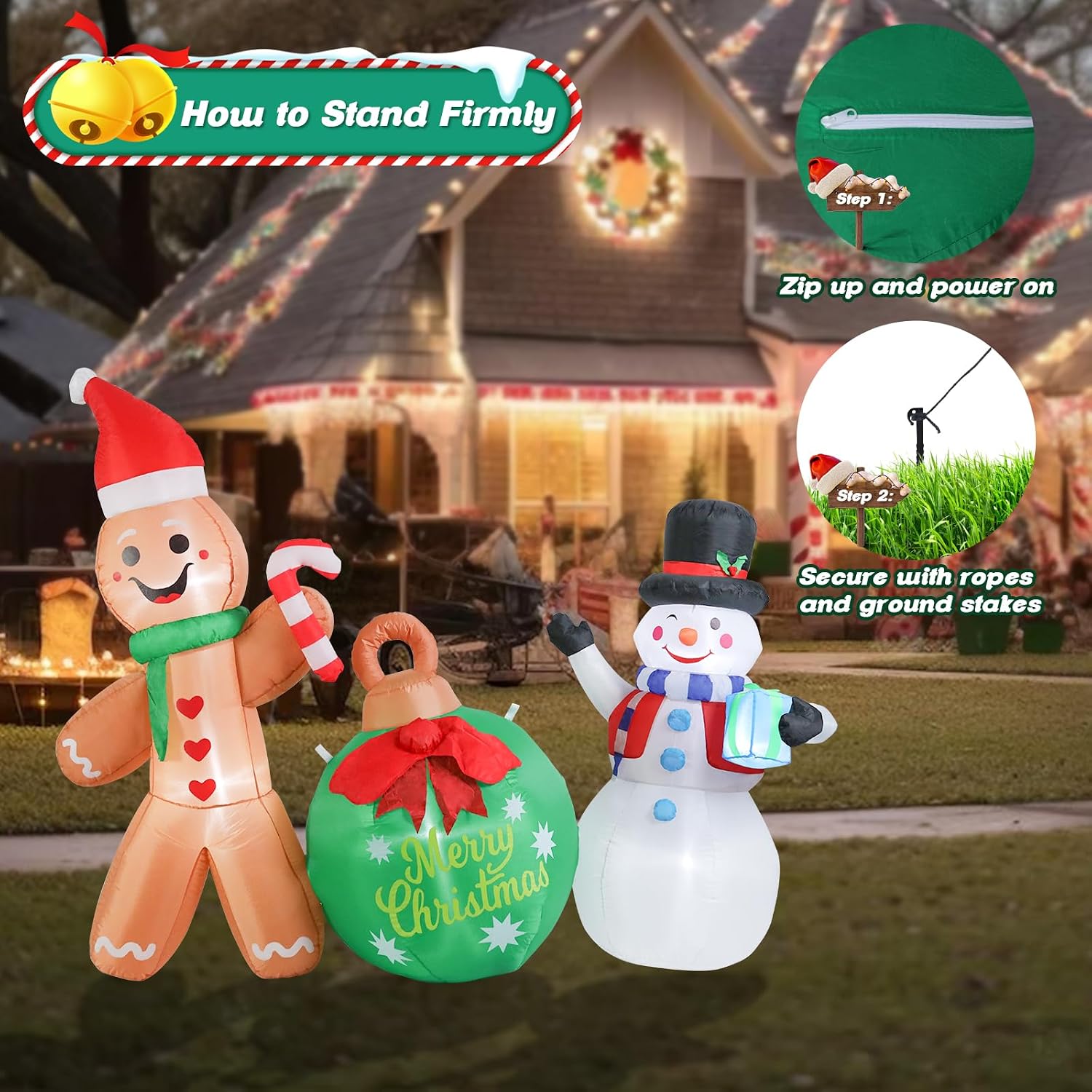 6.2 FT Christmas Inflatable Outdoor Gingerbread Man with Snowman | Built-in Bright LED Light, Christmas Blow