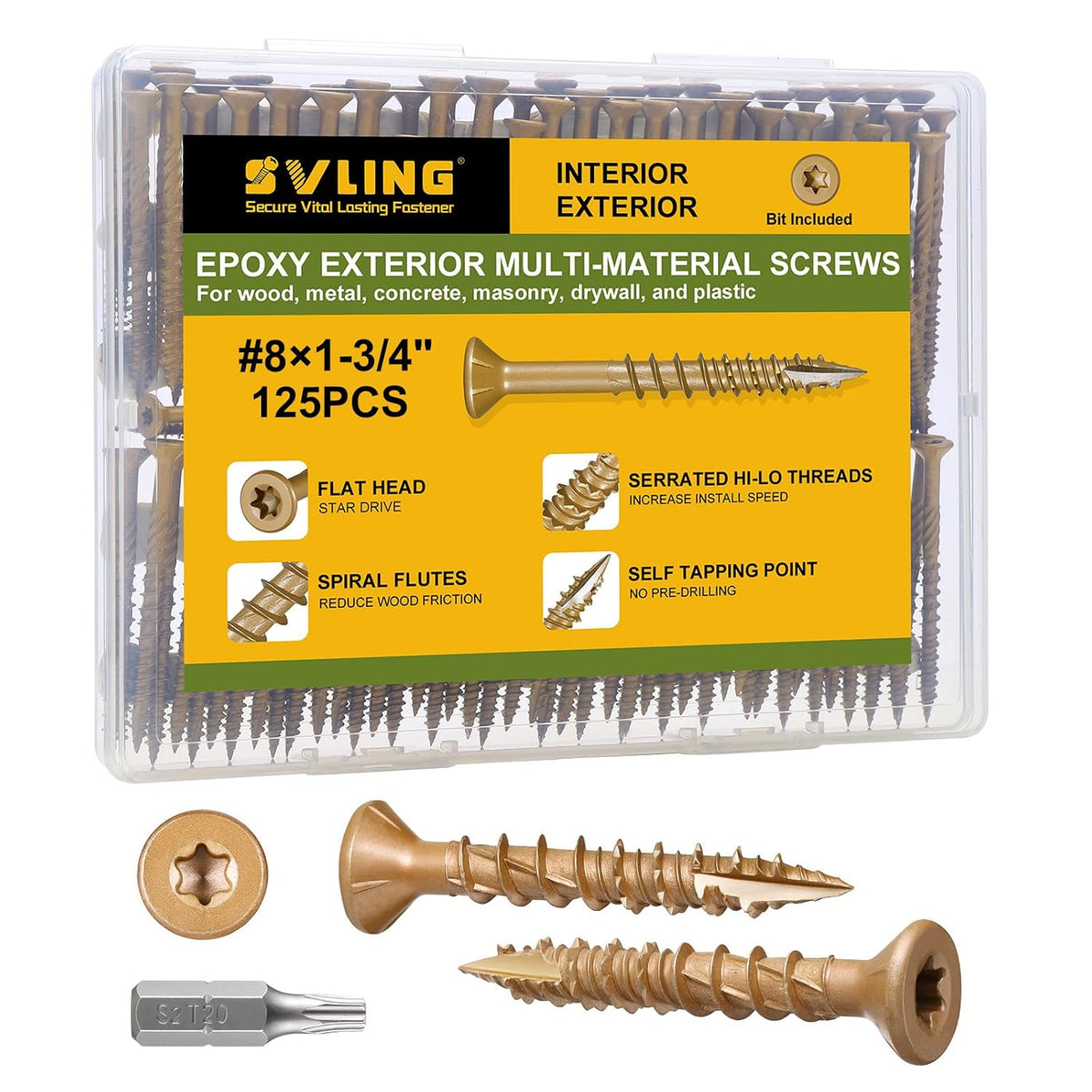 Deck Screws #8 x 1-3/4 Inch, 125 PCS Wood Screws Torx Drive Head for Outdoor Decking Wood Fence, Exterior Epoxy