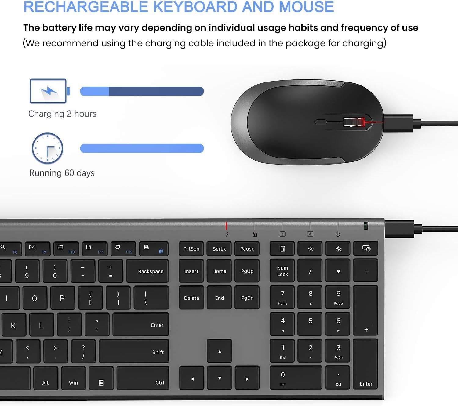 Wireless Keyboard and Mouse, Rechargeable Ultra Slim, Dark Gray | Quiet Full-Size Keyboard and Mouse Combo Set, for